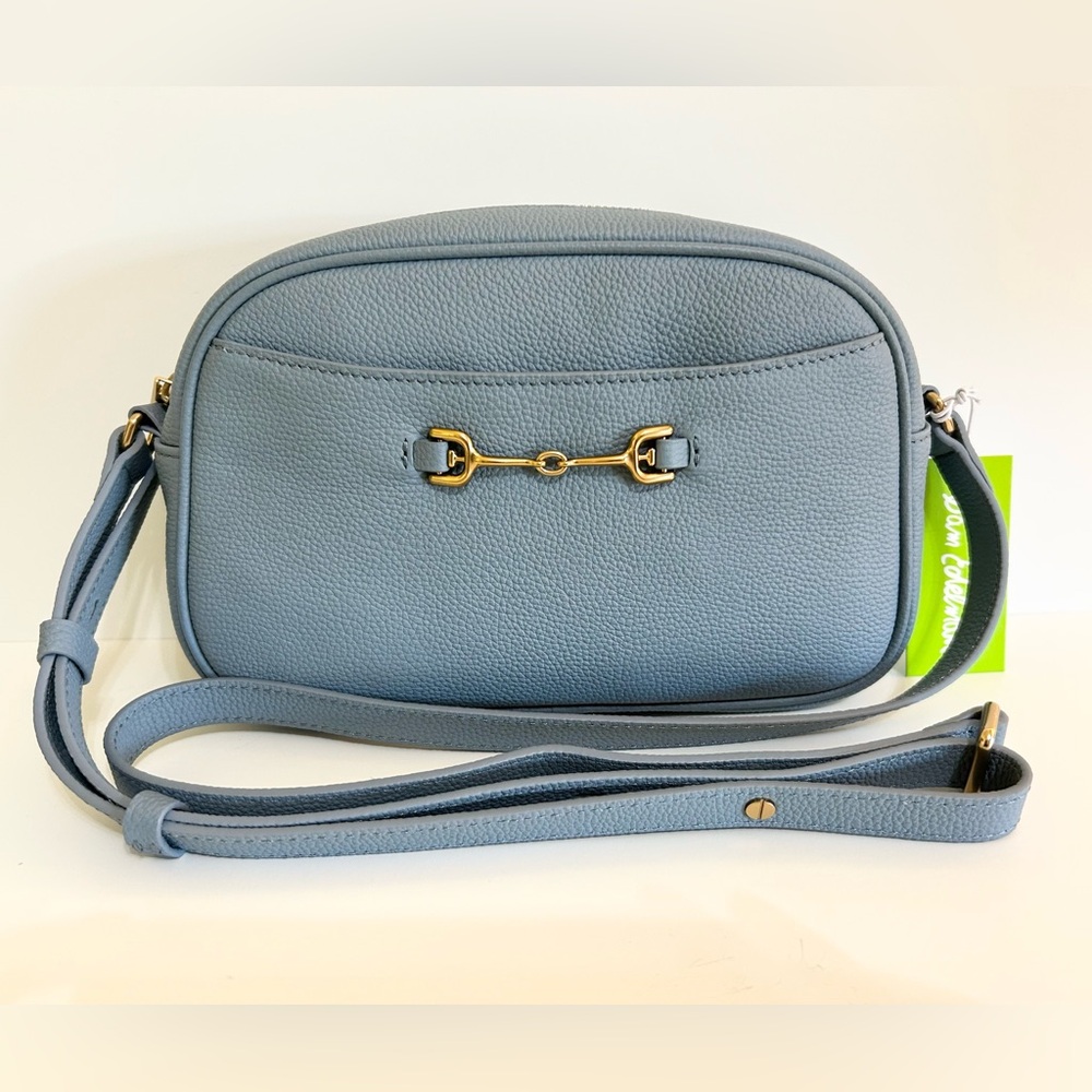 Sam Edelman Dusty Blue Pebbled Leather Crossbody Bag w/Gold Accents.